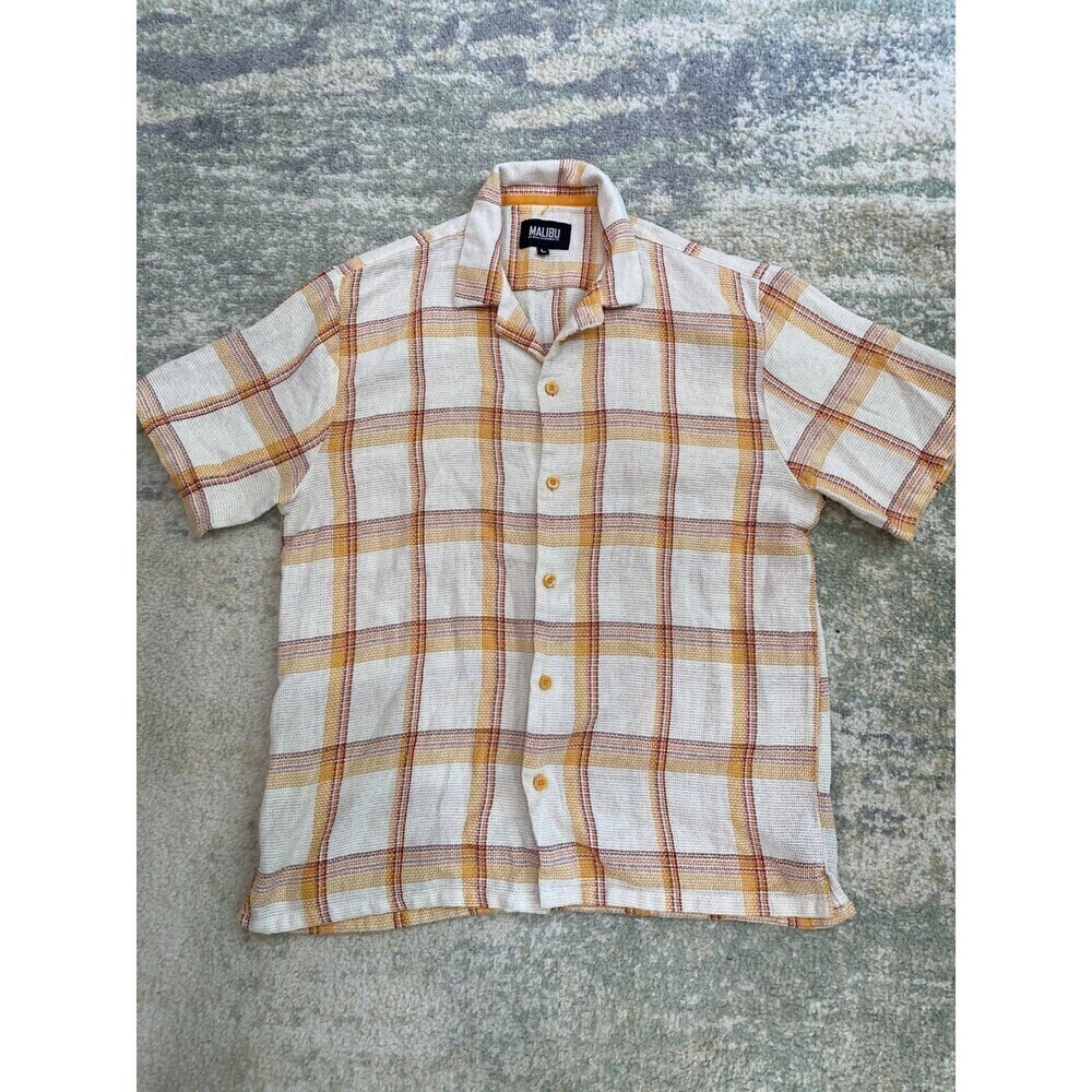 Malibu Beach Club by Drill Clothing Sz Large Orange White Beach Plaid Button Up